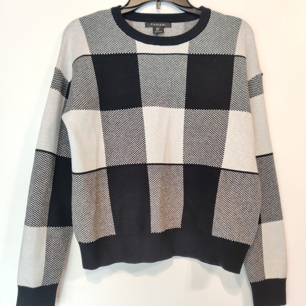 Tahari Checkered Plaid Print Colorblock Pullover Relaxed Sweater